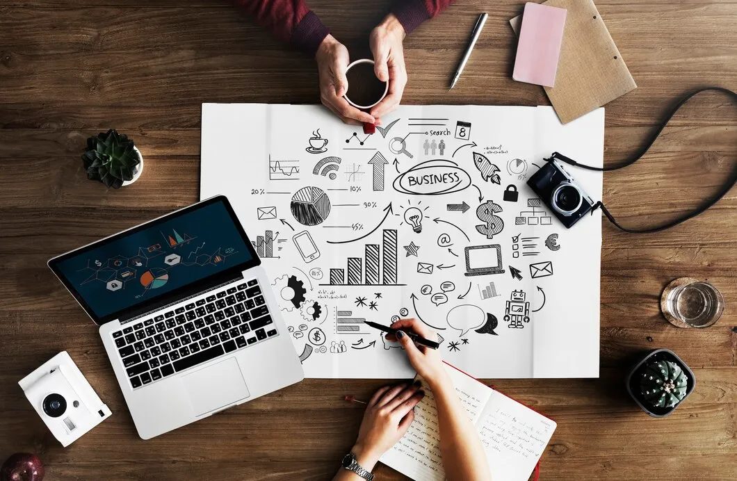 Digital marketing strategies on wooden table for event venue bookings in NYC