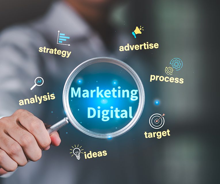 Digital marketing strategy concept with magnifying glass focusing on marketing analysis, targeting, and advertising in Manhattan